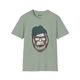 Hipster Squatch unisex softstyle t-shirt featuring Sasquatch with a beanie and glasses on a mint green fabric.