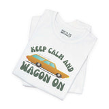 Keep Calm and Wagon On premium soft tee featuring a vintage '68 Chevelle wagon graphic in vibrant colors.
