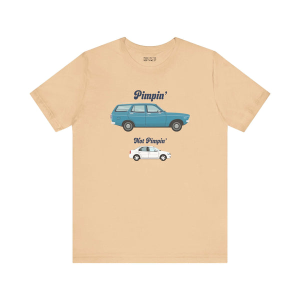 Pimpin' Not Pimpin' tee featuring a Subaru GL 1600 graphic, showcasing wagons vs. sedans.