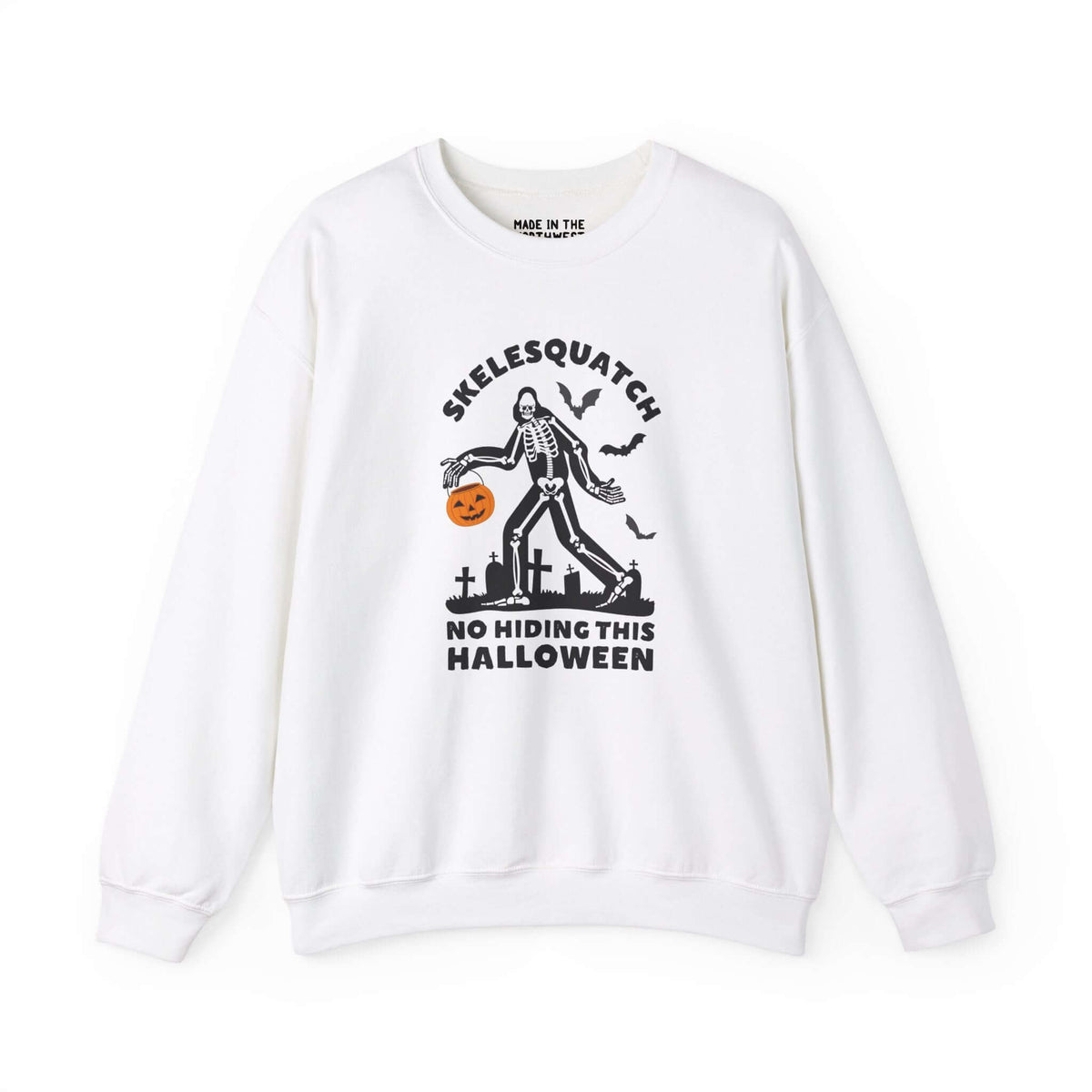 Skelesquatch sweatshirt featuring skeleton Sasquatch design for Halloween fun and spooky vibes.