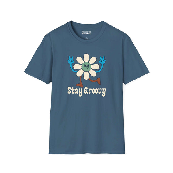 Stay Groovy retro flower t-shirt featuring fun design and 70s style font, promoting peace and good vibes.
