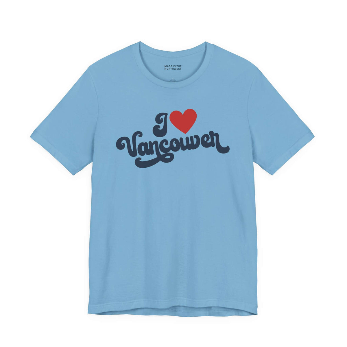 I love Vancouver t shirt in light blue with cursive design showcasing hometown pride.