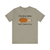 I Dig Big Clams and I Cannot Lie premium soft tee featuring a clam illustration and playful text.