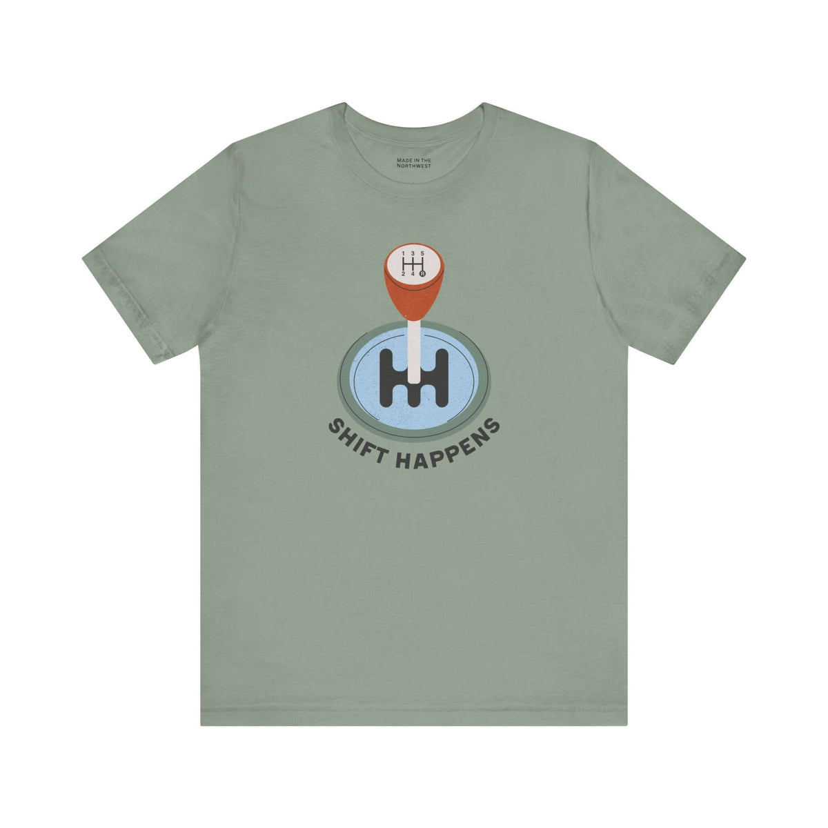 Shift Happens T Shirt featuring a manual gearshift knob on a green tee, perfect for car enthusiasts.