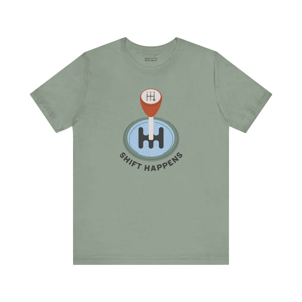 Shift Happens T Shirt featuring a manual gearshift knob on a green tee, perfect for car enthusiasts.