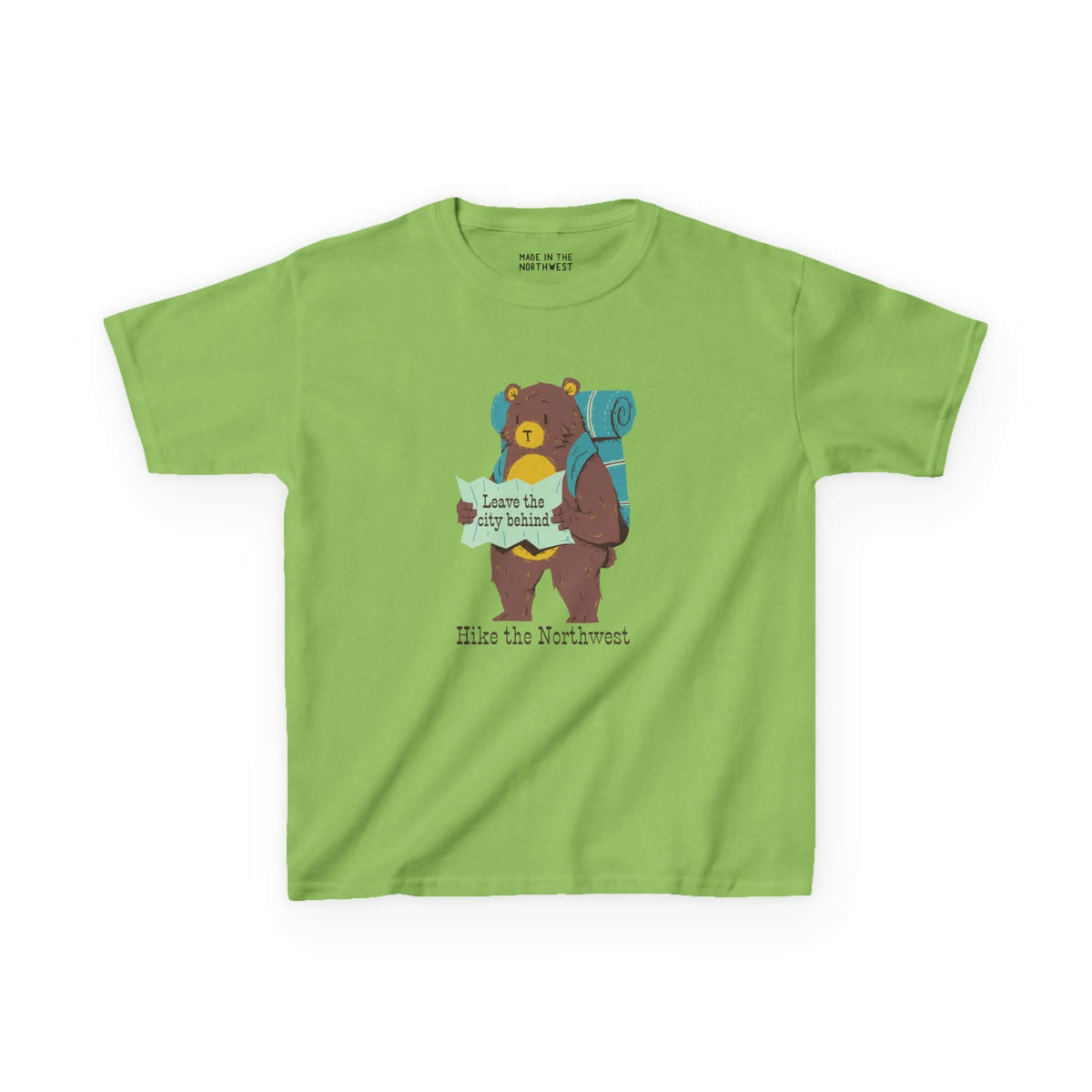 Kids' green tee featuring a bear with a backpack, holding a map, promoting outdoor adventure in the Northwest.