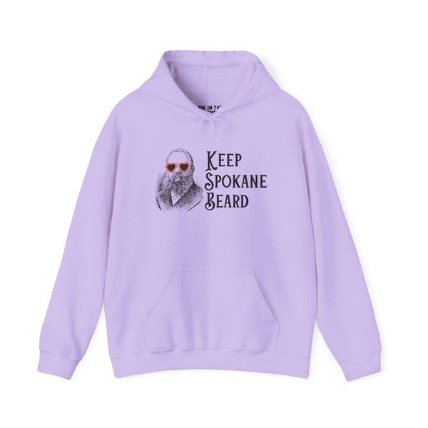 Keep Spokane Beard hoodie in lavender featuring a bearded man with heart-shaped sunglasses.