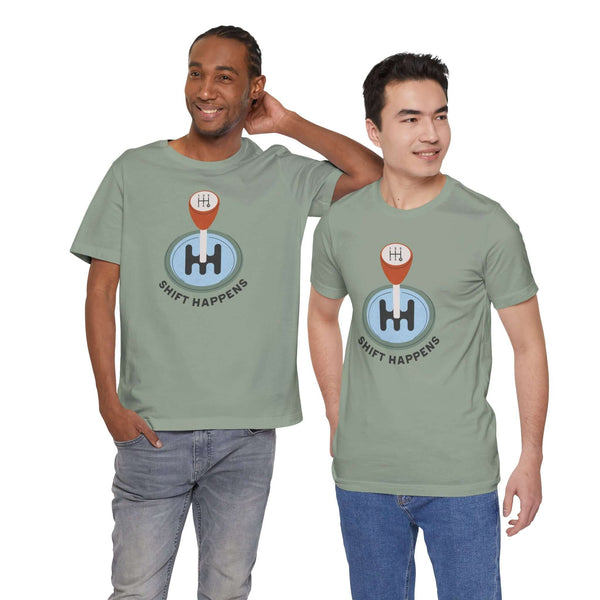 Two models wearing the Shift Happens T Shirt featuring a manual gearshift design and the phrase 'Shift Happens'.