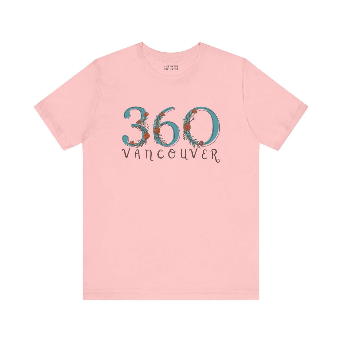 Pink 360 Floral Area Code Soft Tee with "Vancouver" text, showcasing Pacific Northwest style and nature-inspired design.