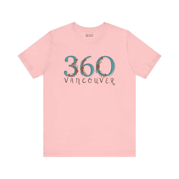 Pink 360 Floral Area Code Soft Tee with "Vancouver" text, showcasing Pacific Northwest style and nature-inspired design.