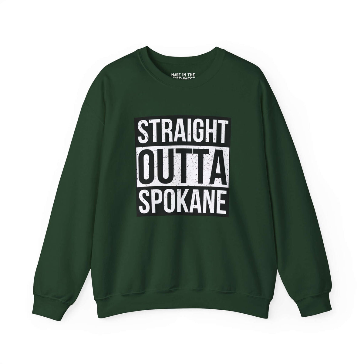 Green "Straight Outta Spokane" sweatshirt showcasing city pride with bold streetwear design.