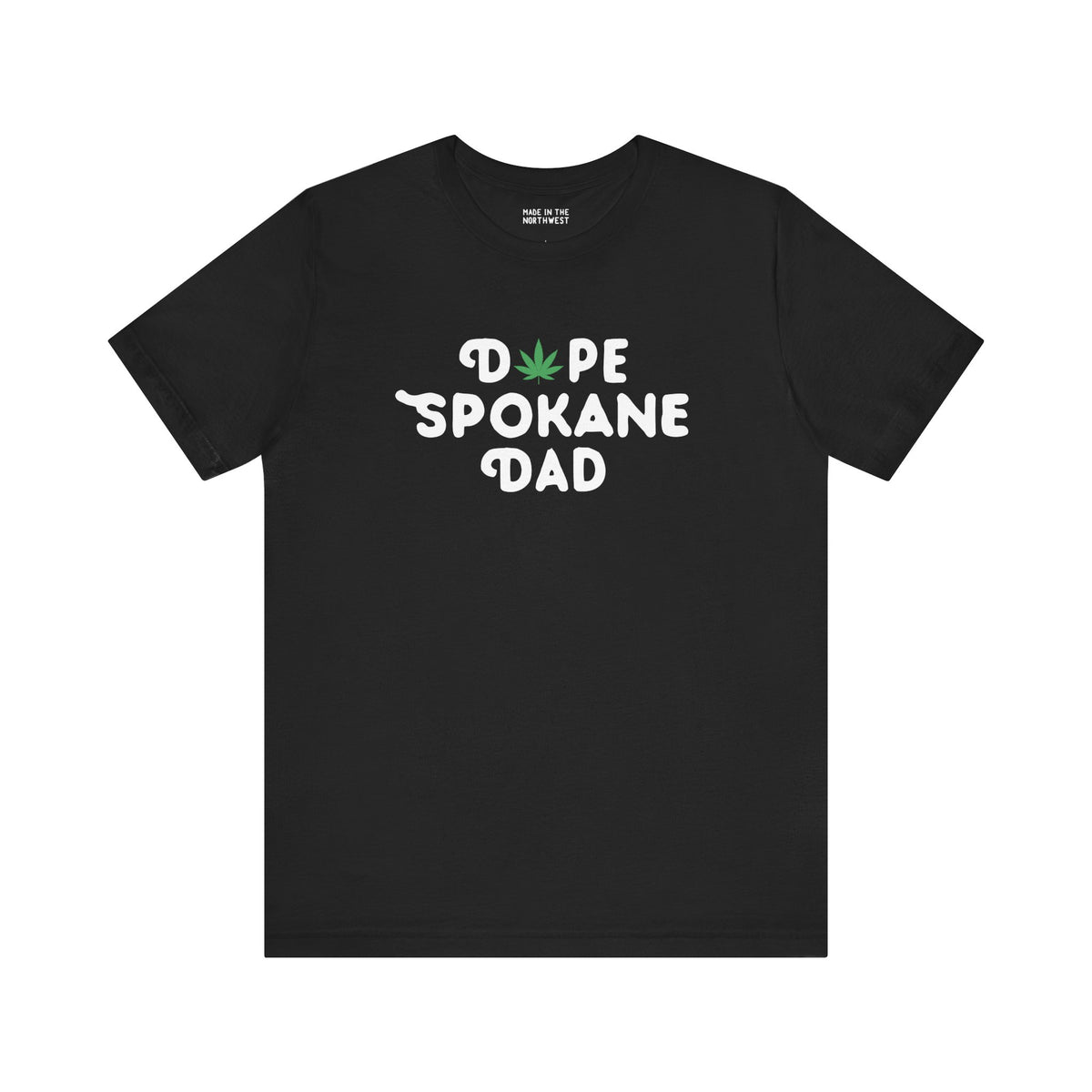 Dope Spokane Dad premium soft tee with a playful marijuana leaf replacing the 'O' in Dope, perfect for cool dads.