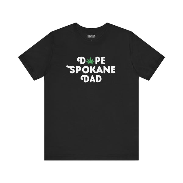 Dope Spokane Dad premium soft tee with a playful marijuana leaf replacing the 'O' in Dope, perfect for cool dads.