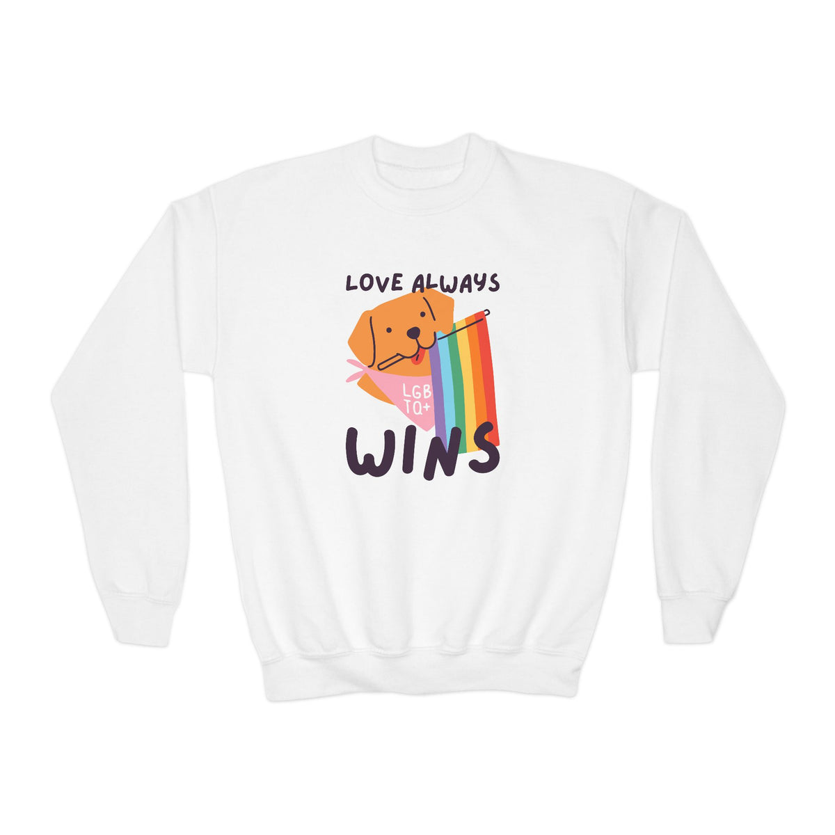 Love Always Wins kids sweatshirt featuring a dog with a rainbow flag, promoting kindness and inclusivity.
