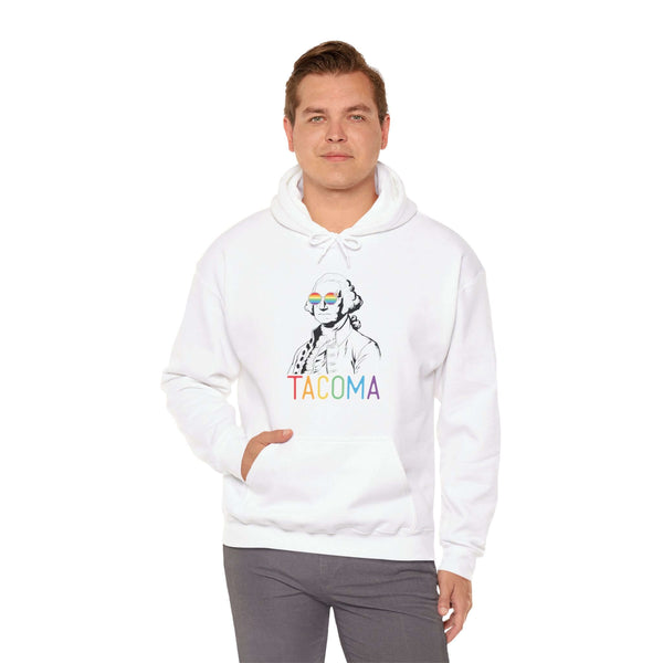 Man wearing George's Rainbow Vision Tacoma hoodie with rainbow lettering and George Washington illustration, celebrating Pride and inclusivity.