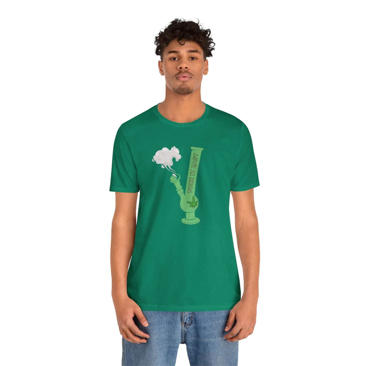 "Toke It Easy tee with green bong and marijuana leaf graphic, embracing cannabis culture and PNW spirit, worn by a model"