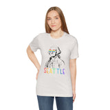George's Rainbow Vision Seattle tee featuring George Washington in rainbow glasses and colorful Seattle lettering.