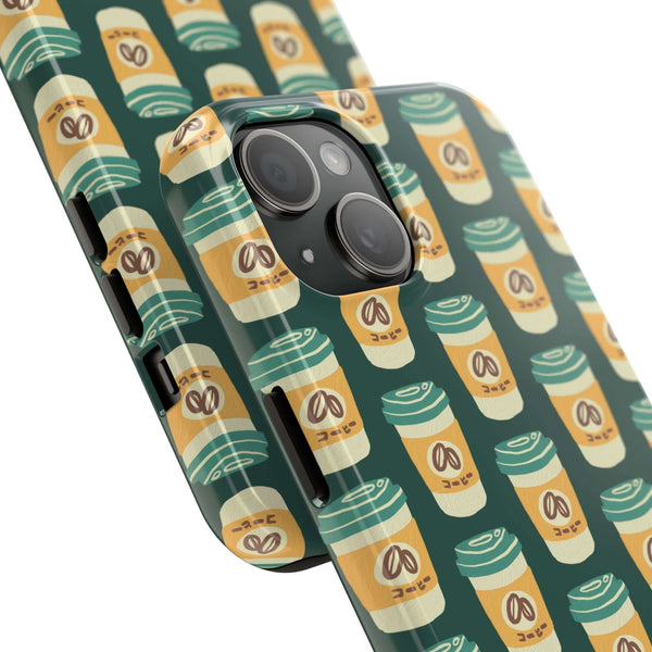 Close-up of East Meets Roast phone case with Asian-inspired coffee cup design on green background.