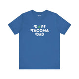 Blue Dope Tacoma Dad tee featuring a marijuana leaf in place of the 'O', perfect for cool dads in Washington.