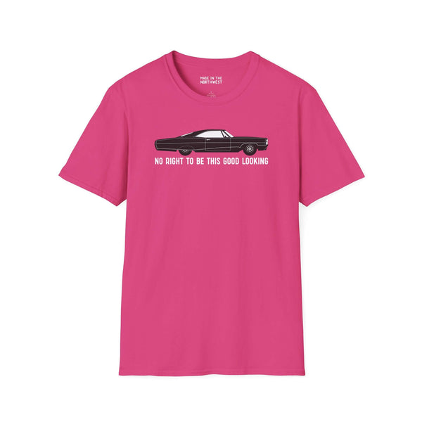 Pink t-shirt featuring the phrase 'No Right to Be This Good Looking' with a graphic of a 1965 Pontiac Bonneville Coupe.