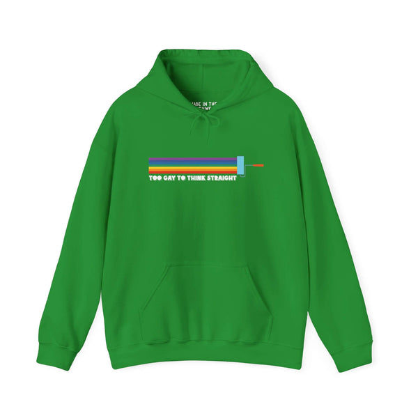Too Gay To Think Straight hoodie in vibrant green featuring a colorful paint roller design, perfect for Pride and self-expression.