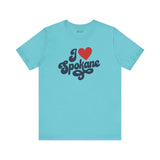 I love Spokane t shirt in turquoise with cursive design showcasing hometown pride.