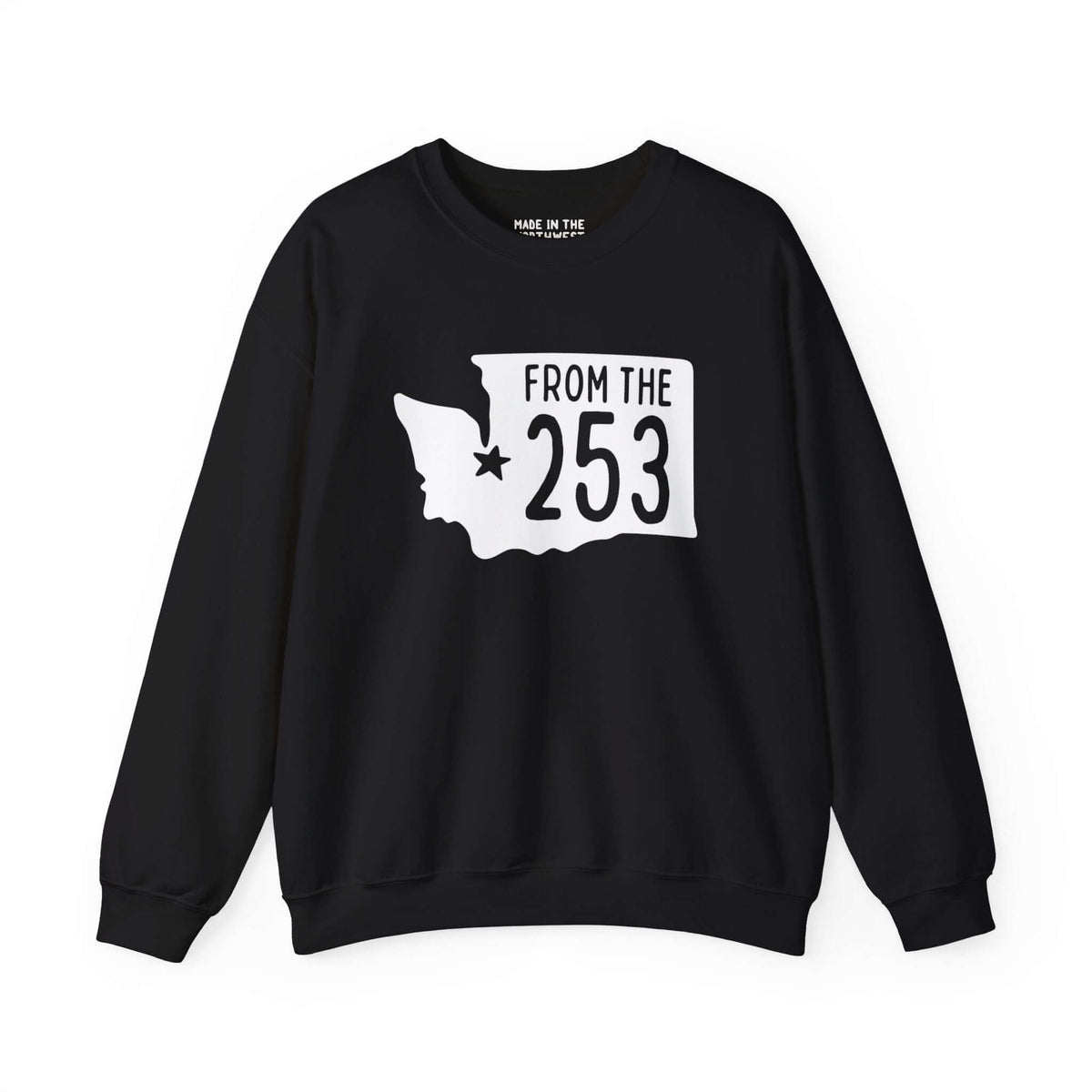 "From the 253 sweatshirt featuring Washington state silhouette with Tacoma star, bold text for local pride and area code representation."