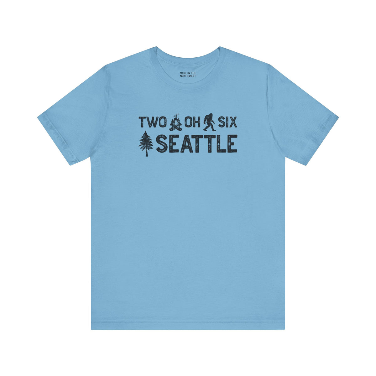Light blue Two Oh Six Roots Tee featuring Seattle area code and tree design.