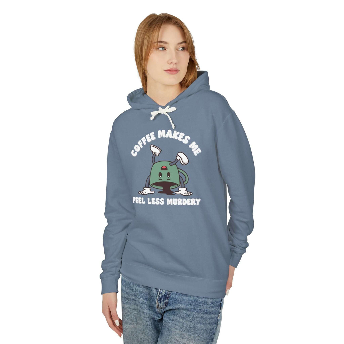 Coffee Makes Me Feel Less Murdery Hoodie featuring a coffee pot character in humorous design.