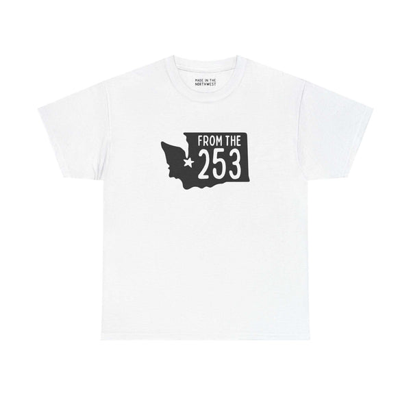 White athletic tee featuring 'From the 253' design and Washington state shape with star, representing Tacoma pride.