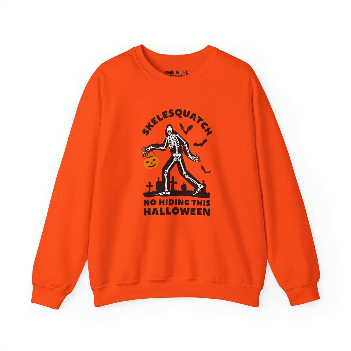 Skelesquatch No Hiding This Halloween sweatshirt featuring a skeleton Sasquatch in a graveyard design.