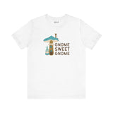 Gnome Sweet Gnome house tee with adorable gnome in front of a mushroom, perfect for woodland whimsy lovers.