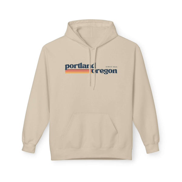 Retro Portland hoodie featuring a minimalist Portland, Oregon graphic and warm retro stripes on soft fabric.