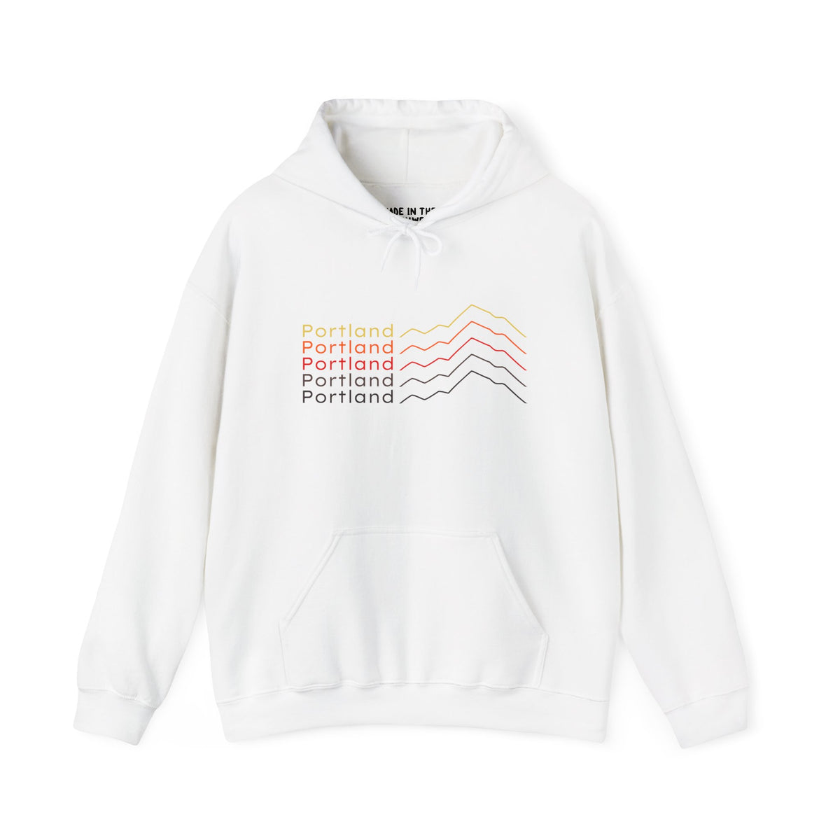 Portland Minimalist Mountain Hoodie featuring bold stacked mountains design in mid-century colors on a white background.