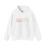 Portland Minimalist Mountain Hoodie featuring bold stacked mountains design in mid-century colors on a white background.