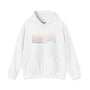 Portland Minimalist Mountain Hoodie featuring bold stacked mountains design in mid-century colors on a white background.