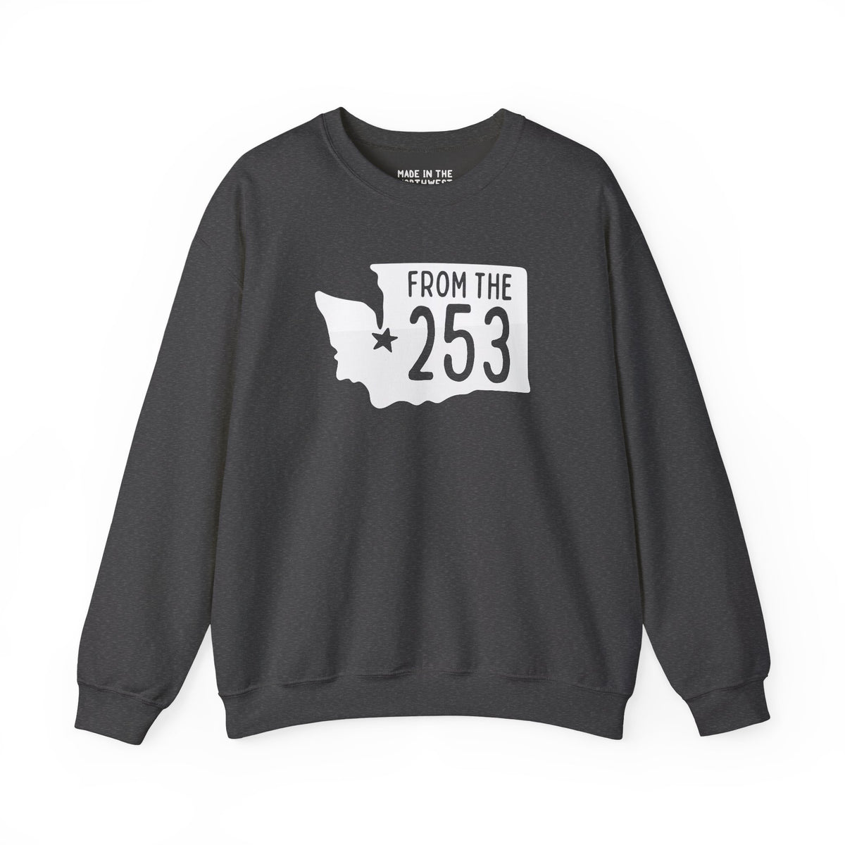 From the 253 Tacoma cozy sweatshirt featuring Washington state silhouette and star marking Tacoma.