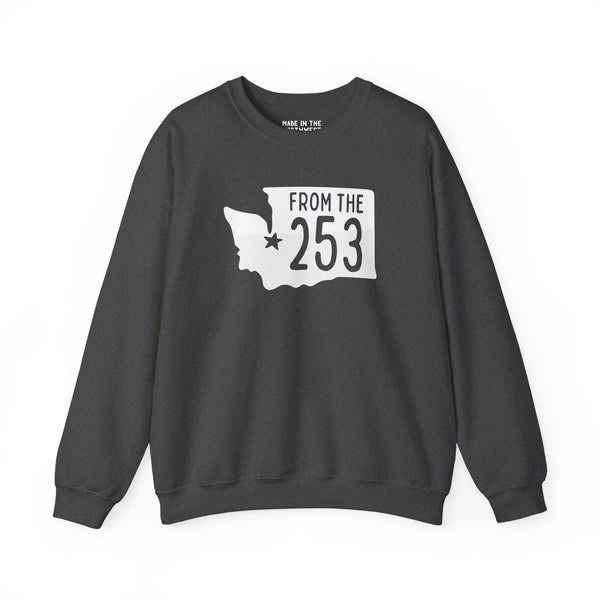 From the 253 Tacoma cozy sweatshirt featuring Washington state silhouette and star marking Tacoma.