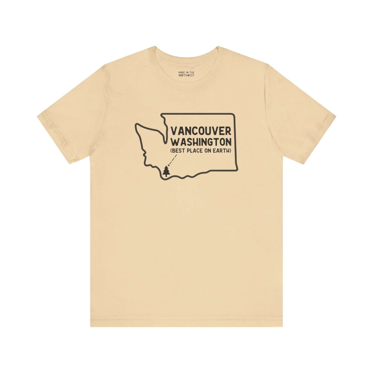 Vancouver Washington soft tee with state outline and tree icon, showcasing hometown pride and Pacific Northwest charm.