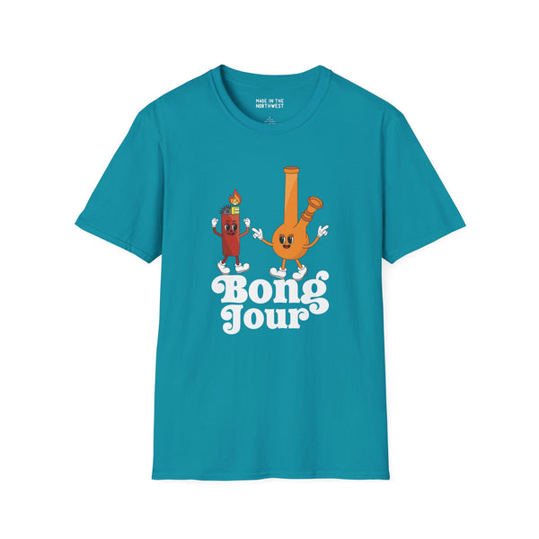 Bong Jour Softstyle T-Shirt featuring a playful design of a bong and lighter with the text 'Bong Jour'.
