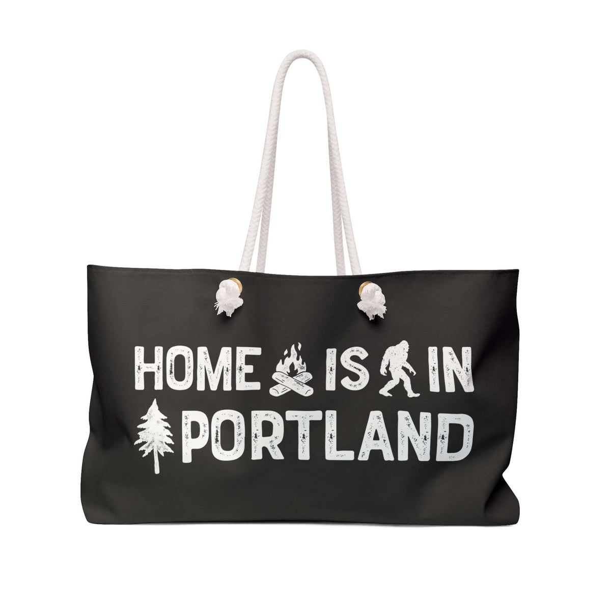 Home is in Portland Weekender Bag with campfire, Bigfoot and tree icons, perfect for weekend adventures.