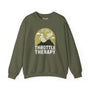 Throttle Therapy sweatshirt in olive green, featuring motocross graphics and the slogan 'Eat, Sleep, Ride, Repeat'.