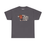 Dark gray athletic tee with 'Maybe Coffee is Addicted to Me' graphic design for coffee lovers.