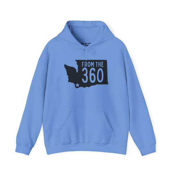 Blue hoodie featuring Washington state silhouette and bold 'FROM THE 360' text, symbolizing local pride.