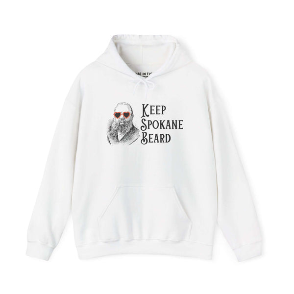 White Keep Spokane Beard hoodie featuring a vintage bearded man in heart-shaped sunglasses.