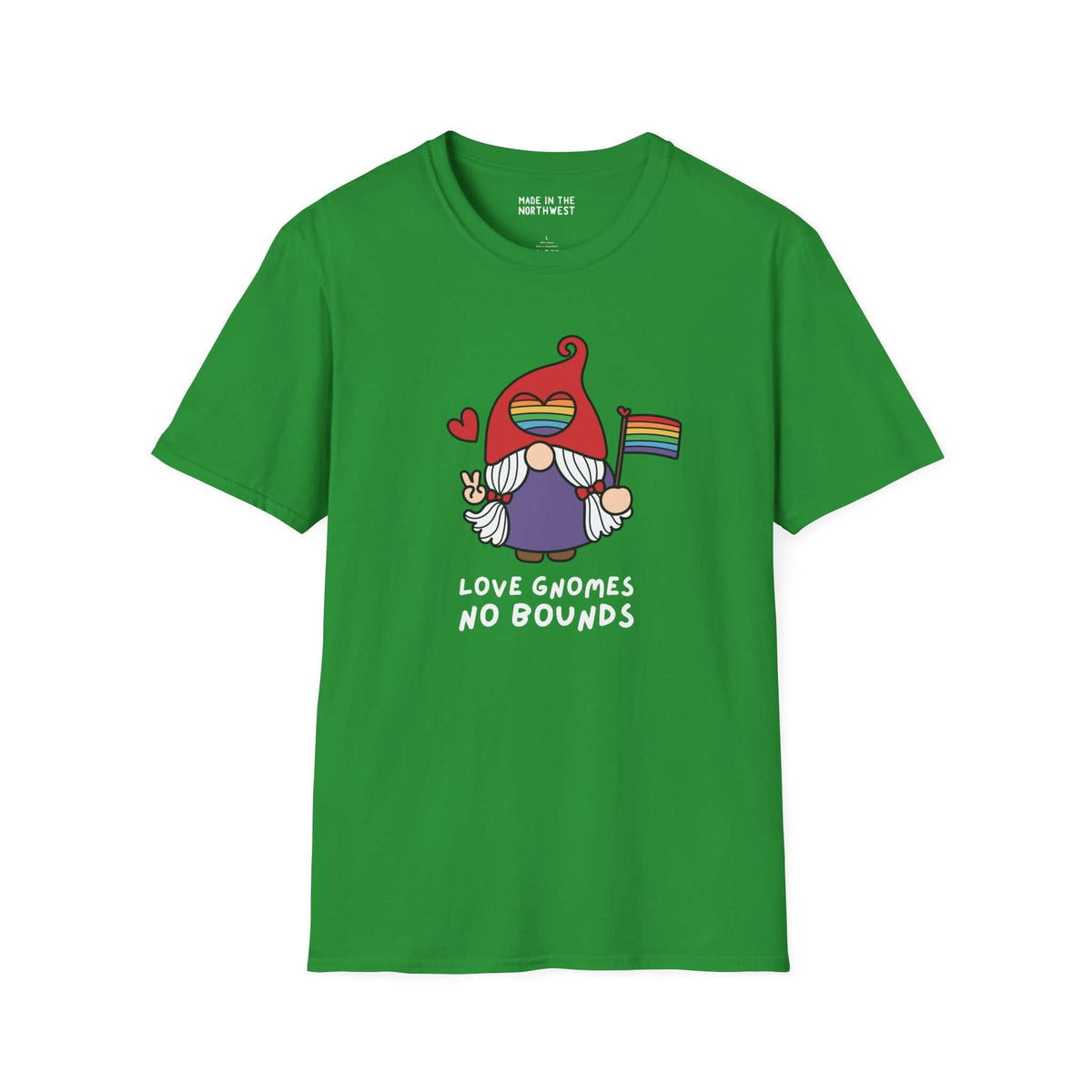 Green t-shirt with Love Gnomes No Bounds design featuring a gnome holding a rainbow flag, symbolizing love and inclusivity.