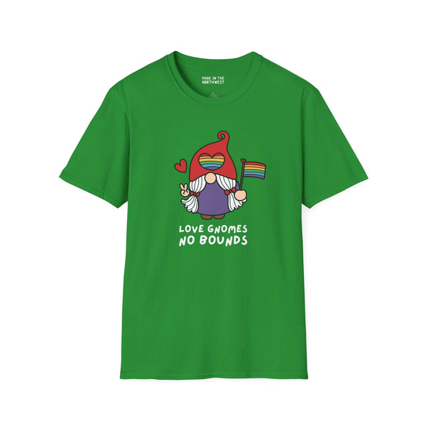Green t-shirt with Love Gnomes No Bounds design featuring a gnome holding a rainbow flag, symbolizing love and inclusivity.