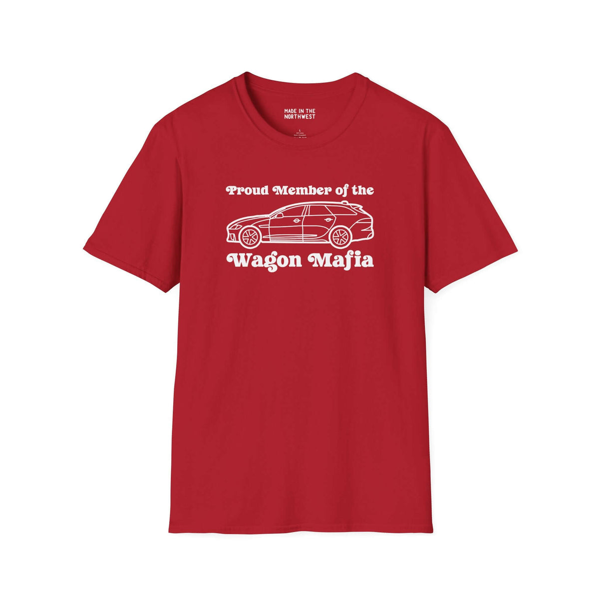 Red Proud Member of the Wagon Mafia t-shirt with a stylish wagon graphic, perfect for wagon enthusiasts.