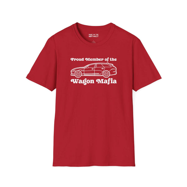 Red Proud Member of the Wagon Mafia t-shirt with a stylish wagon graphic, perfect for wagon enthusiasts.