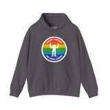 Gray hoodie featuring a vibrant rainbow circle with a white Sasquatch graphic and 